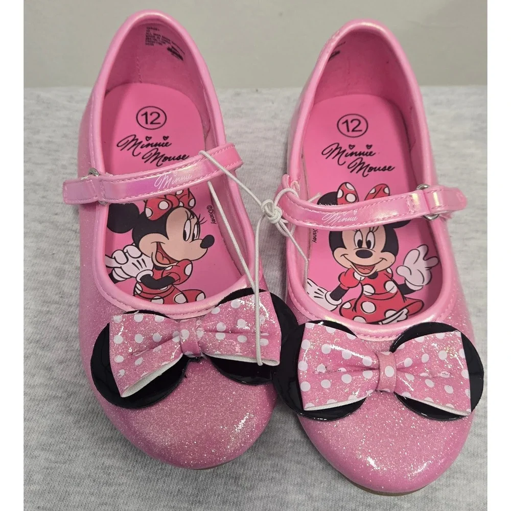 Disney Minnie Mouse Girls Pink Glitter Mary Jane Flats Bow Dress Shoes Size 12